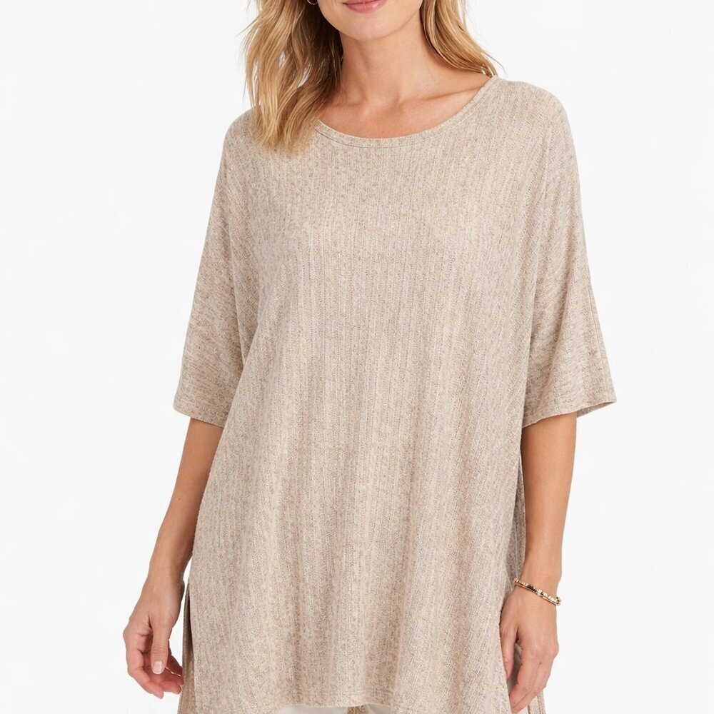 Eileen Fisher Tunic Sweater One Size Beige Side Slits Textured Quiet Luxury Long